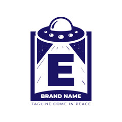 letter E UFO illustration for tee shirt and initial vector logo design