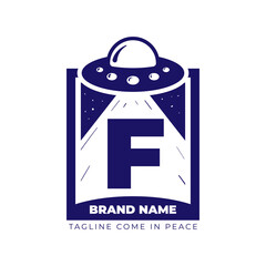 letter F UFO illustration for tee shirt and initial vector logo design