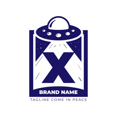 letter X UFO illustration for tee shirt and initial vector logo design