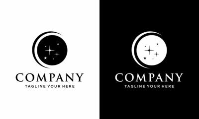 Creative modern Crescent moon with star Concept Logo Design template. on a black and white background.