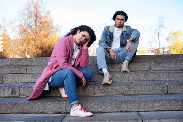 young happy students teenagers at university building on stairs, lifestyle people concept boy and girl