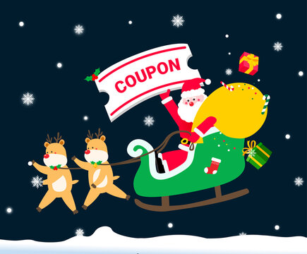 Santa Claus on a sled gives out gifts and coupons illustration set. Deer, holiday, tree, decoration, carol. Vector drawing. Hand drawn style.