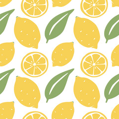 Cute lemon seamless pattern. Lemons, slices and leafs in cartoon style. Vector flat hand drawn illustration