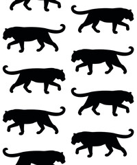 Vector seamless pattern of flat hand drawn tiger silhouette isolated on white background