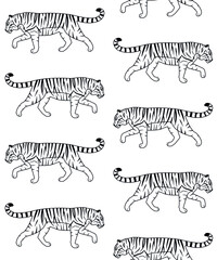 Vector seamless pattern of flat hand drawn outline tiger isolated on white background