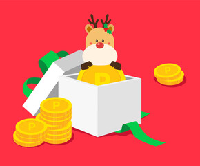 A coin event that pops out of the box with deer illustration set. Christmas, holiday, gift, ribbon, wrapping. Vector drawing. Hand drawn style.