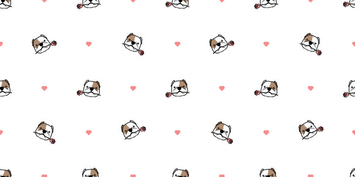 Cute american bully dog holding a rose in mouth cartoon seamless pattern, vector illustration