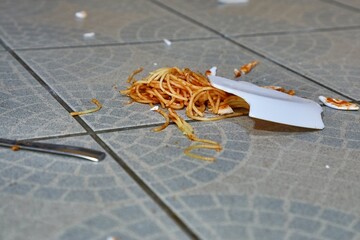 Fallen plate of pasta in the kitchen floor
