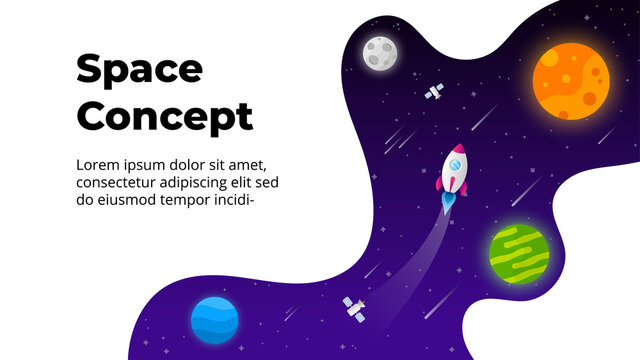 Universe background. Startup vector illustration. Rocket launch into space. Presentation slide template. Business success. Universe flyer. Abstract creative world. Planets and stars.