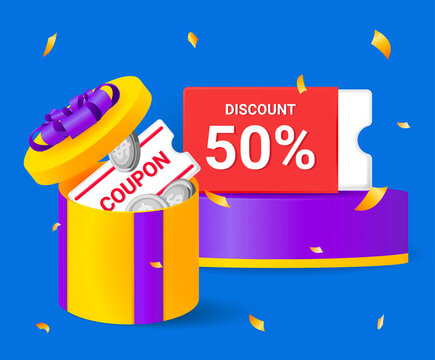 Gift box and 50% discount coupon event  illustration set. Coin, box, event, platform, 3d. Vector drawing. Hand drawn style.