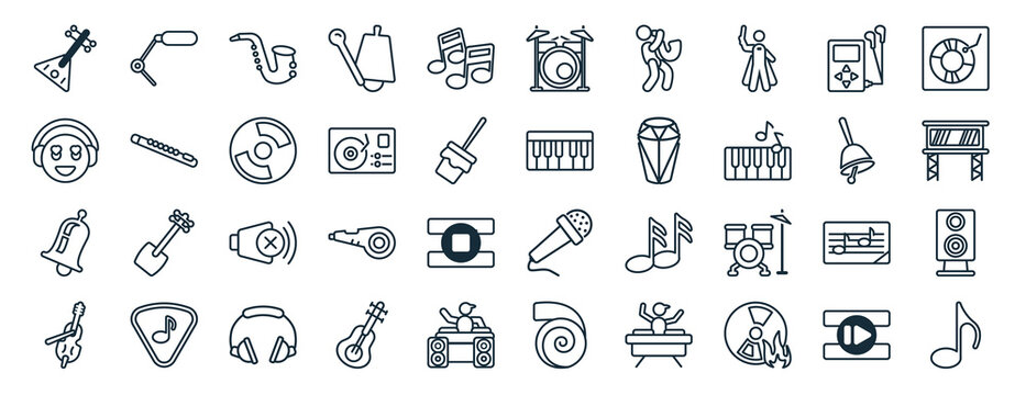 set of 40 flat music web icons in line style such as cinema microphone, listening smile, bell, classical music, bell filled tool, vinyls, drums icons for report, presentation, diagram, web design