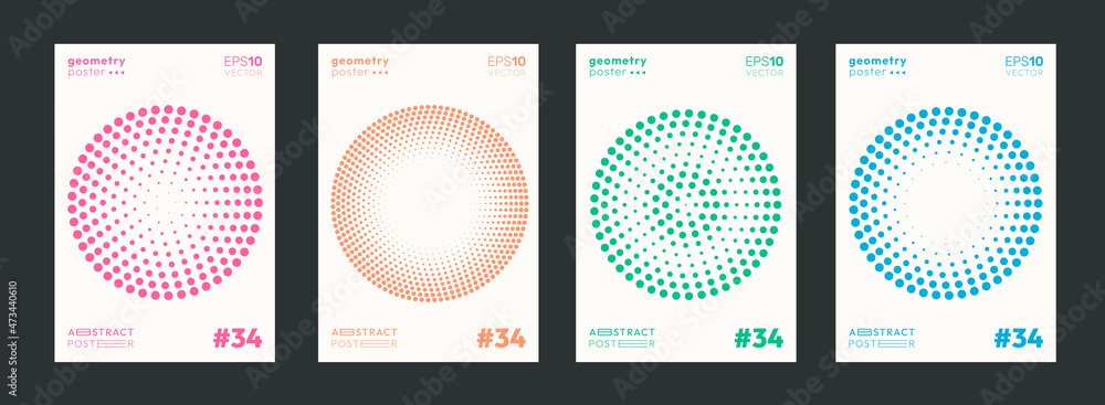 Poster Set of Circle Halftone Dots Pattern Shapes. Modern Geometric Poster Vector Template. Abstract Geometrical Cover.