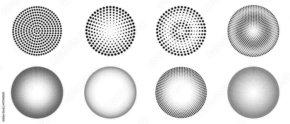 Poster Vector set of pop art halftone elements. Circle dots explosion pattern.