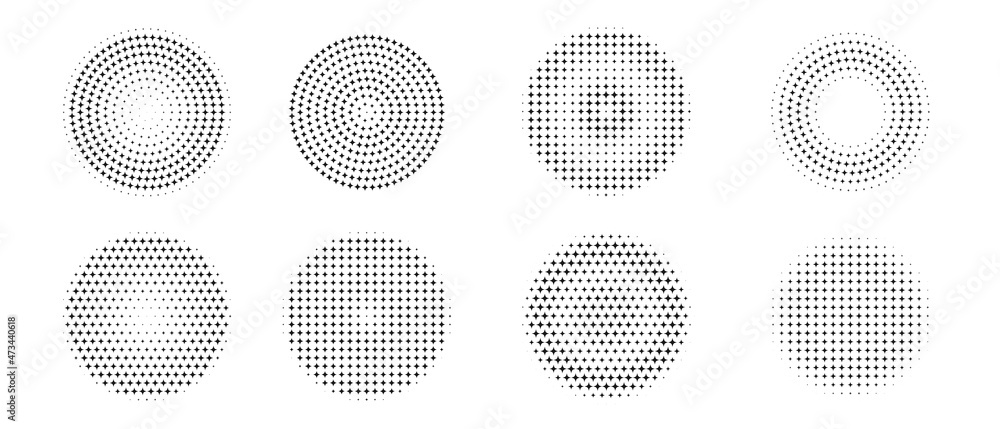 Poster Sparkle Circle Shapes Collection. Twinkle Round Shape Halftone Effect Vector Design.
