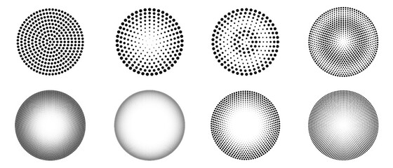 Vector set of pop art halftone elements. Circle dots explosion pattern.