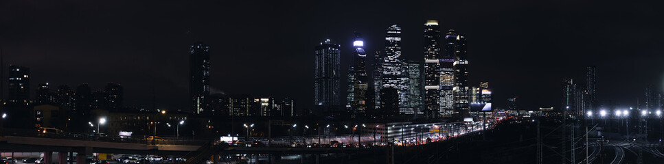Fototapeta na wymiar Panorama of night Moscow, high-rise buildings of Moscow City