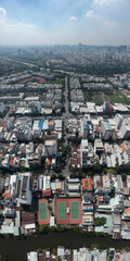 Aerial vertical panorama of Phu My Hung district of Ho Chi Minh City, Vietnam on sunny clear day...