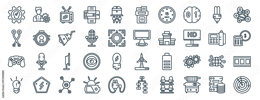 Poster set of 40 flat technology web icons in line style such as project manager, printed circuit connectio