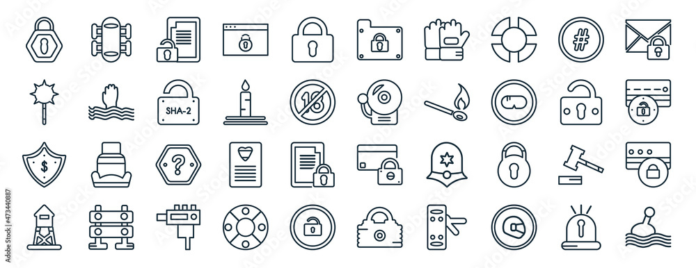 Poster set of 40 flat security web icons in line style such as leg protector, e, euro currency security shi