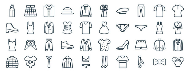 set of 40 flat clothes web icons in line style such as kilt, danica shoes, camisole, puffer jacket, nightwear, kurta, housecoat icons for report, presentation, diagram, web design