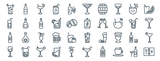 set of 40 flat drinks web icons in line style such as wine bottles, fresh soda with lemon slice and straw, fish skeleton, wine, mojito, watermelon juice, flirtini icons for report, presentation, - obrazy, fototapety, plakaty