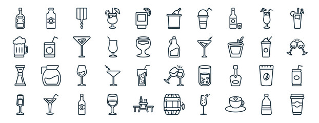 set of 40 flat drinks web icons in line style such as juice bottle, beer mug, jigger, pisco sour, frappuccino, bloody mary, ice bucket and bottle icons for report, presentation, diagram, web design