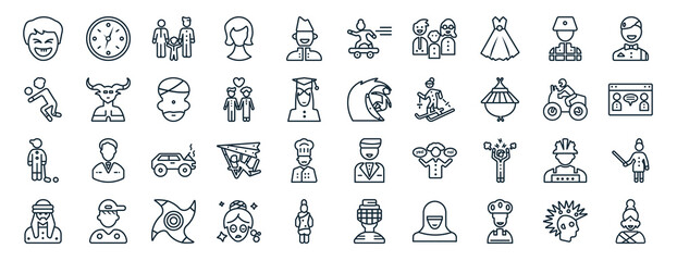 set of 40 flat user web icons in line style such as round wall clock, volleyball player, golfer, arab man, motorcyclist, croupier, skater icons for report, presentation, diagram, web design