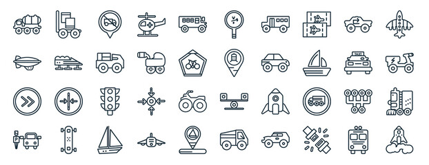 set of 40 flat transport web icons in line style such as cart with boxes, blimp, shift, parking men, taxi transportation car from frontal view, airplane pointing up, repair icons for report,
