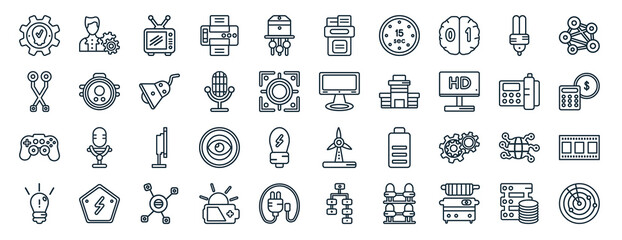 set of 40 flat technology web icons in line style such as project manager, printed circuit connections, video game controller, light bulb idea, fax phone, conection, file storage icons for report,