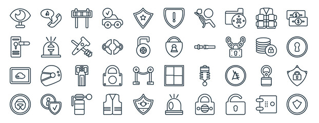 set of 40 flat security web icons in line style such as fire phone, door lock, transparent, boxing helmet, secure database, two dollar bills, security warning icons for report, presentation,
