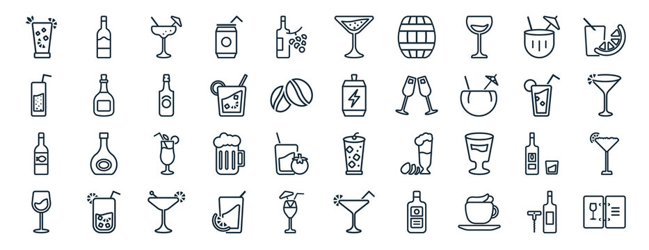 set of 40 flat drinks web icons in line style such as wine bottles, fresh soda with lemon slice and straw, fish skeleton, wine, mojito, watermelon juice, flirtini icons for report, presentation,