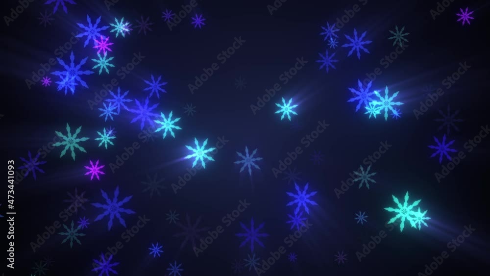 Poster looping falling colorful glittering digital snowflake on dark background animation. snowflakes for w
