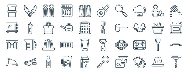 set of 40 flat kitchen web icons in line style such as knives, microwave oven, tablecloth, broiler, soup bowl, honey dipper, pizza cutter icons for report, presentation, diagram, web design