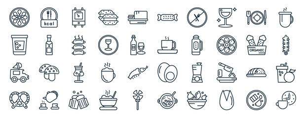 set of 40 flat food web icons in line style such as calories, water glass, ice cream truck, pretzel, organic food, hot coffee cup, wrapping icons for report, presentation, diagram, web design