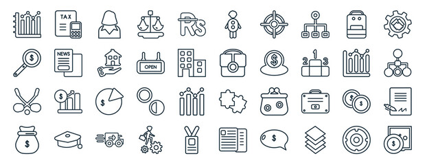 Fototapeta premium set of 40 flat business web icons in line style such as tax calculate, money finder, golf sticks, money sack, graphs, customer relationship management, fat man with hat and moustache icons for