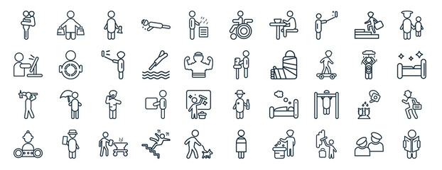 set of 40 flat behavior web icons in line style such as shopper man, man with computer screen, man digging, engineer working, showering, child with on wheelchair icons for report, presentation,