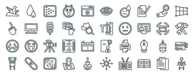 set of 40 flat user interface web icons in line style such as navigation arrows, return left arrow, up side, curvy road ahead, press play button, key up, industrial action icons for report,