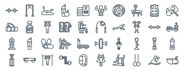 set of 40 flat gym and fitness web icons in line style such as training apparatus, gym bag, boxing mannequin, boxing bag, dumbbells bar, steroids, bodybuilder icons for report, presentation,
