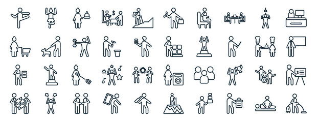 Fototapeta na wymiar set of 40 flat humans web icons in line style such as gymnastics, housewife shopping, single file, people trading, cooker couple, office worker, hine repair icons for report, presentation, diagram,
