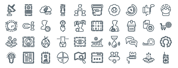 set of 40 flat general web icons in line style such as smart speaker, real time data, initial coin offering, invention, profile list, solarium, urine test icons for report, presentation, diagram,