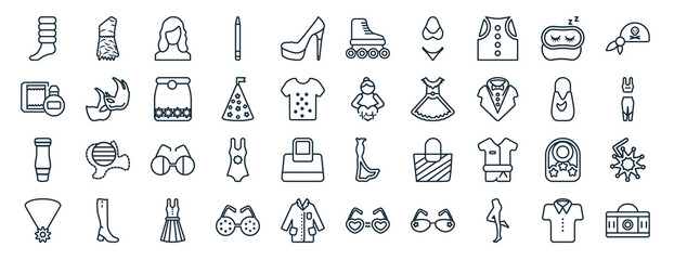 set of 40 flat fashion web icons in line style such as caveman, parfume, strapless tube dress, accessory, hobo shoulder bag, pirate scarf, roller skater icons for report, presentation, diagram, web