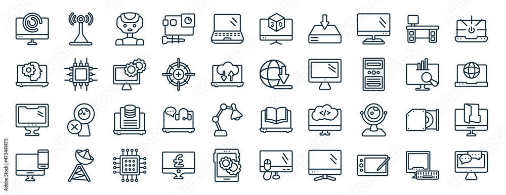 Poster set of 40 flat computer web icons in line style such as wireless internet connection, laptop screen 