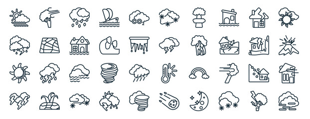 set of 40 flat meteorology web icons in line style such as wind and bend trees, rain and thunder, summer, thunder, earthquake and home, spring, snoflakes winter cloud icons for report, presentation,