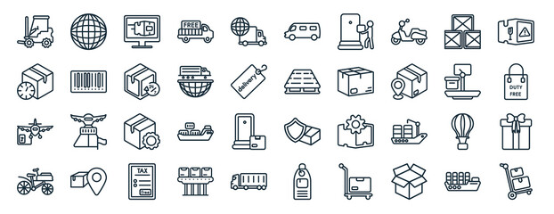 Fototapeta na wymiar set of 40 flat delivery and logistic web icons in line style such as earth grid, delivery delay, delivery by plane, by bike, weighing, warning, cargo bus icons for report, presentation, diagram, web