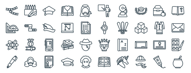 set of 40 flat graduation and education web icons in line style such as crayon, rulers, atom, pen, uniform, religion, teacher icons for report, presentation, diagram, web design