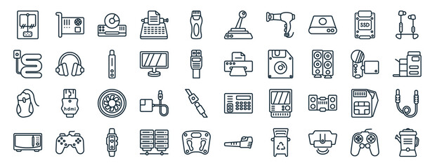 set of 40 flat electronic devices web icons in line style such as sound card, electric blanket, mouse, convection oven, video recorder, earphone, joystick icons for report, presentation, diagram,