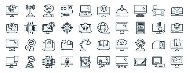 set of 40 flat computer web icons in line style such as wireless internet connection, laptop screen with human head graphic, computer and monitor, responsive de, data analyser, open laptop with