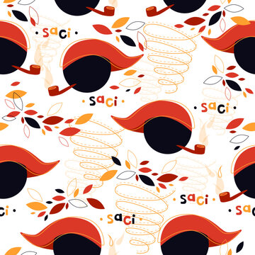 Saci Perer&ecirc;, illustration. Seamless pattern vector repeat. Mythological character of Brazilian folklore culture. Fantastic creature from Brazil. Boy, pipe, hurricane.