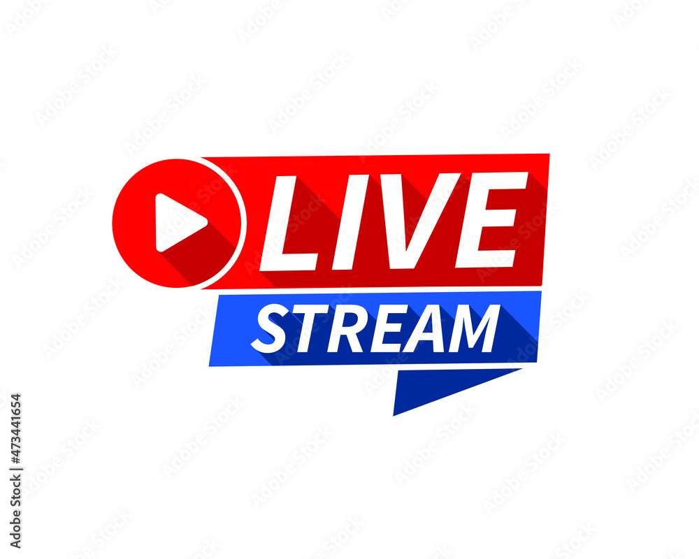 Poster live stream red and blue vector design element with play button. vector illustration