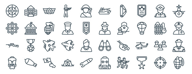 Naklejka premium set of 40 flat army and war web icons in line style such as militar antique building, chamber, sniper rifle, backpack, time bomb with clock, submarine front view, militar ship icons for report,